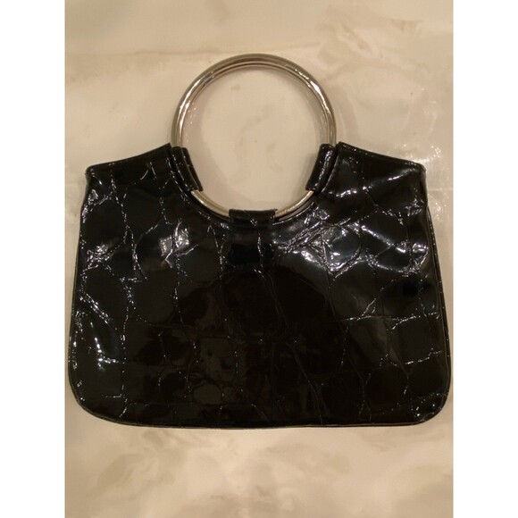 Black Patent Faux Leather Alligator? Print Handbag Unique Silver Hoop Handle - Picture 6 of 8